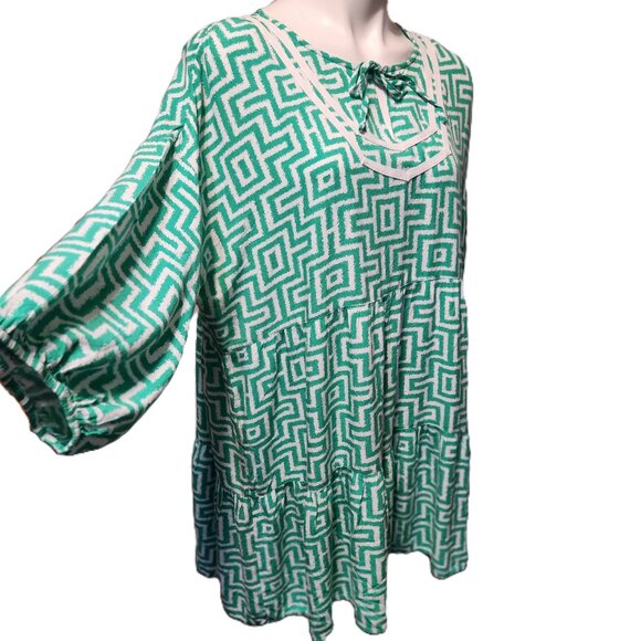 Ruby Rd. dress Women's XL Green white trellis print Split neck 3/4 puff sleeves - Picture 3 of 16
